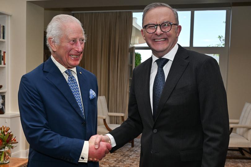 CANBERRA, AUSTRALIA - OCTOBER 21: King Charles III (L) and Prime Minister Anthony Albanese meet at Parliament House on October 21, 2024, in Canberra, Australia. The King's visit to Australia is his first as monarch, and the Commonwealth Heads of Government Meeting (CHOGM) in Samoa will be his first as head of the Commonwealth. (Photo by Saeed Khan-Pool/Getty Images)