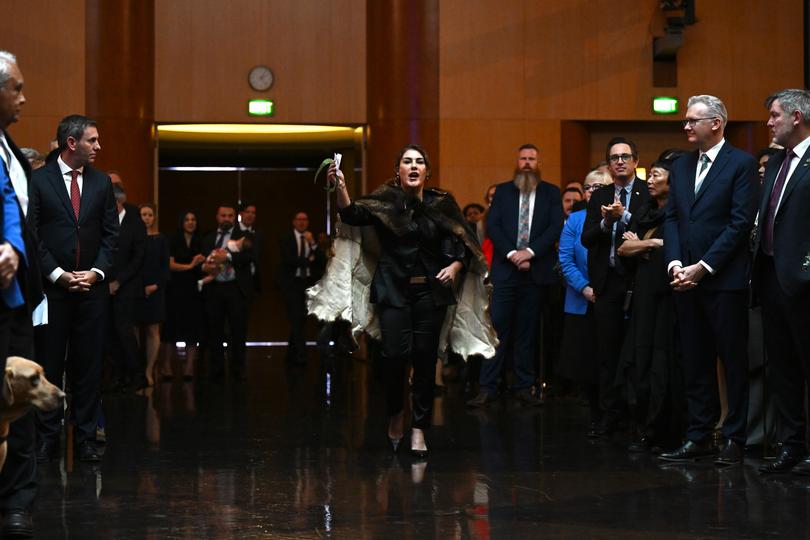 CANBERRA, AUSTRALIA - OCTOBER 21: Senator Lidia Thorpe disrupts proceedings as King Charles III and Queen Camilla attend a Parliamentary reception hosted by Prime Minister of Australia Anthony Albanese and Jodie Haydon on October 21, 2024 in Canberra, Australia. The King's visit to Australia is his first as monarch, and the Commonwealth Heads of Government Meeting (CHOGM) in Samoa will be his first as head of the Commonwealth. (Photo by Lukas Coch-Pool/Getty Images)