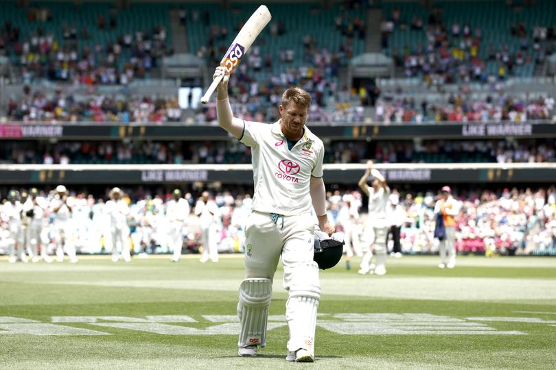 David Warner of Australia acknowledges the crowd after being dismissed by Sajid Khan of Pakistan in his final innings.