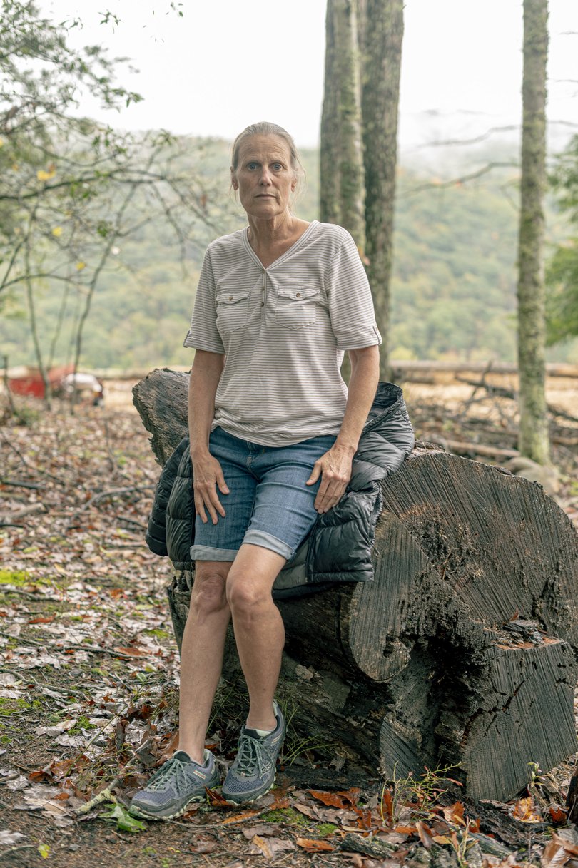 Sue Howard, who has lived in Green Bank since 2016, at Audra's off-grid camp in Pocahontas County. 