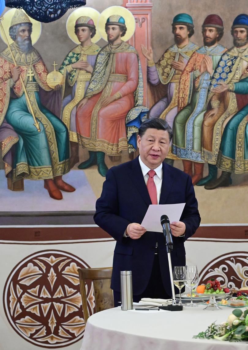 Chinese President Xi Jinping delivers his speech during the dinner with Russian President Vladimir Putin at The Palace of the Facets in the Moscow Kremlin, Russia, Tuesday, March 21, 2023. (Pavel Byrkin, Sputnik, Kremlin Pool Photo via AP)