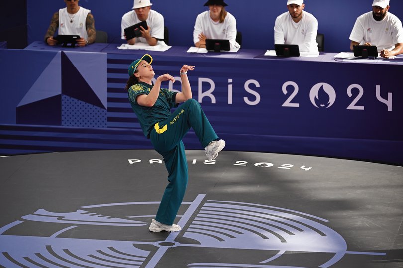 Australian breaker Rachael Gunn, also known as Raygun, during the B-Girls Round Robin breaking competition at La Concorde Urban Park in Paris, as part of the 2024 Paris Olympic Games, France, Friday, August 09, 2024. (AAP Image/Dan Himbrechts) NO ARCHIVING