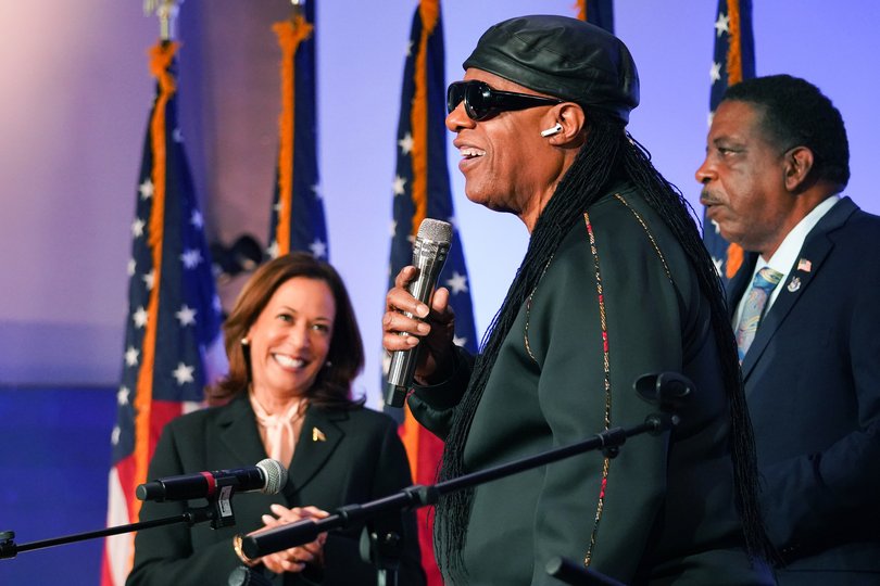 JONESBORO, GEORGIA - OCTOBER 20: Stevie Wonder performs at a campaign event for Democratic presidential nominee, U.S. Vice President Kamala Harris at Divine Faith Ministries International on October 20, 2024 in Jonesboro, Georgia. Vice President Harris and Republican presidential nominee, former U.S. President Donald Trump, have been campaigning this week in the key battleground state of Georgia. (Photo by Megan Varner/Getty Images)