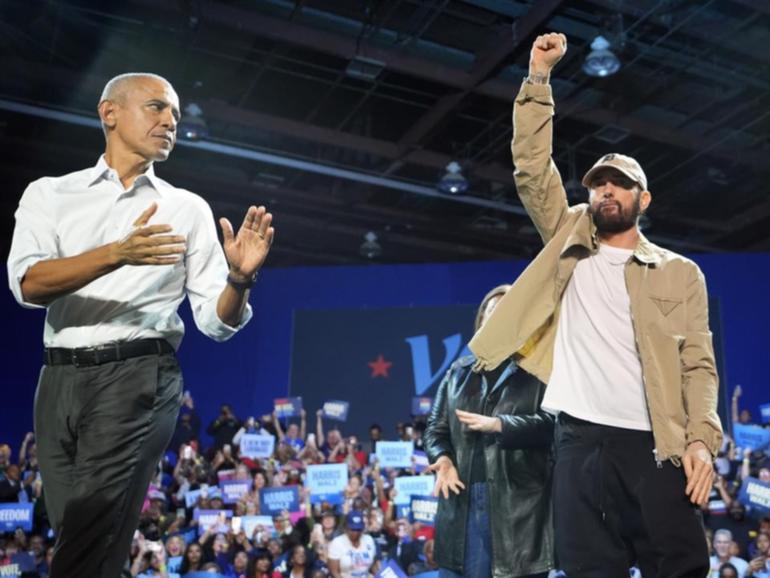 Former President Barack Obama rapped lines from Eminem's Lose Yourself on stage in Detroit. 