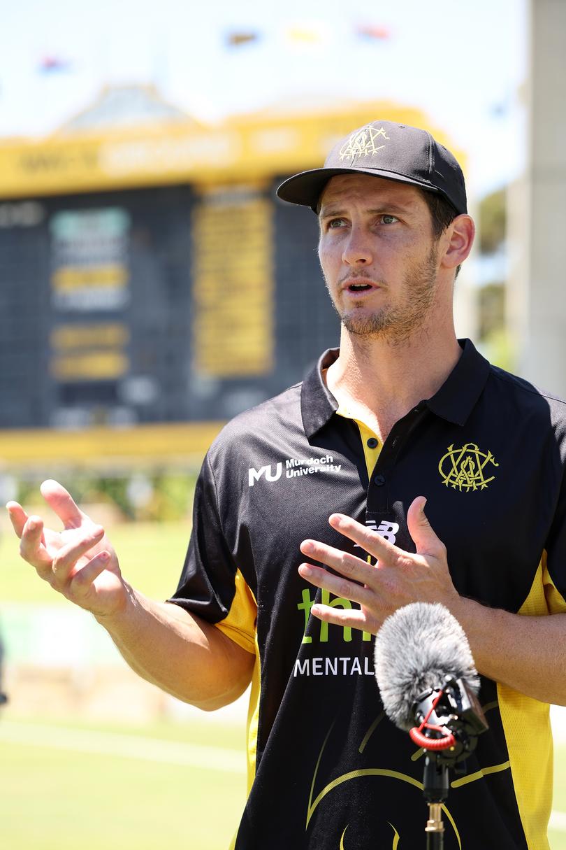 PERTH, AUSTRALIA - OCTOBER 23: Hilton Cartwright of Western Australia talks with the media following the Sheffield Shield match between Western Australia and Tasmania at the WACA Ground, on October 23, 2024, in  Western Australia Perth, Australia. (Photo by Paul Kane/Getty Images)Hilton Cartwright of