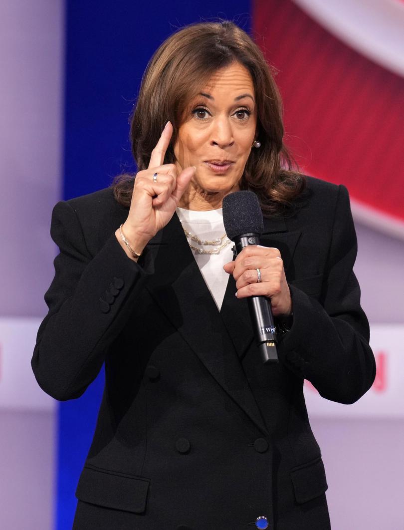  Democratic presidential candidate, Kamala Harris speaks during a CNN Presidential Town Hall at Sun Center Studios on October 23, 2024 in Aston, Pennsylvania. 