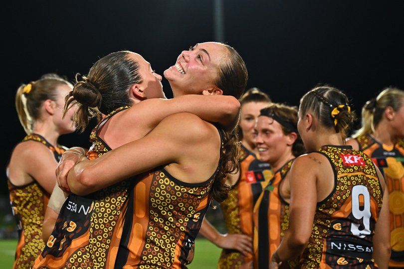 Jenna Richardson of the Hawks reacts after winning the round nine AFLW match between Hawthorn Hawks and Narrm (Melbourne Demons).