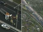 There are long delays on a major Melbourne freeway after a serious truck crash closed all lanes.