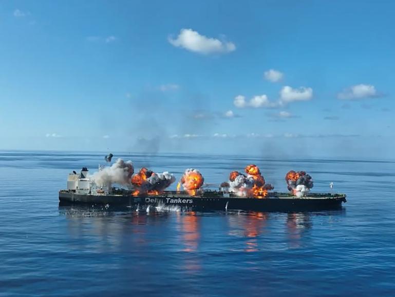 The Greek-flagged oil tanker Sounion being bombarded by Houthi rebels in late August. 