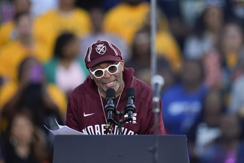 Spike Lee speaks at a campaign rally supporting Democratic presidential nominee Vice President Kamala Harris.