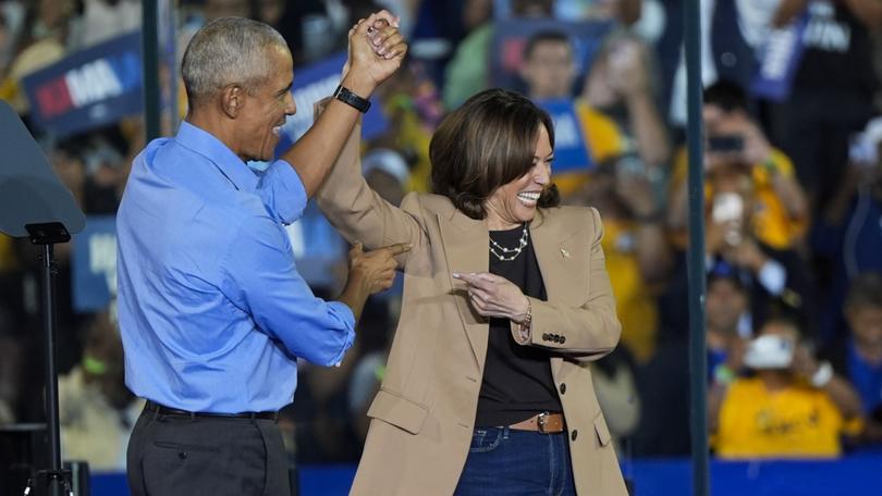 Former President Barack Obama and Democratic presidential nominee Vice President Kamala Harris at a campaign rally in Georgia. 