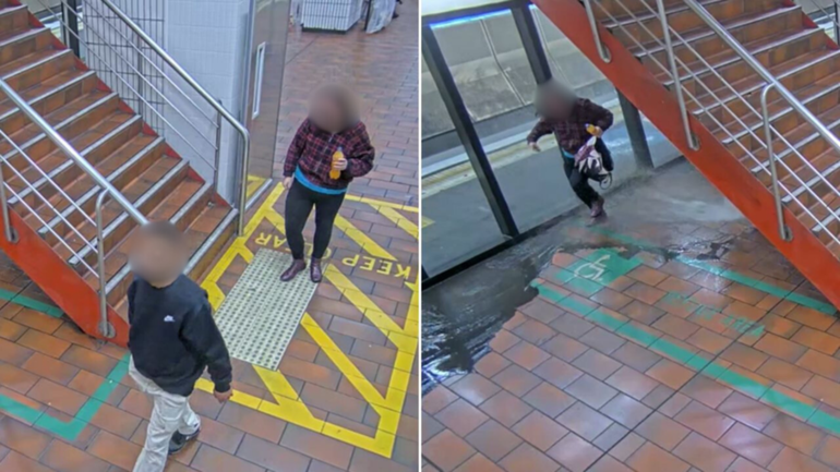 Two people were captured on CCTV running away from behind a stairwell after water from the sprinkler began to gush out.