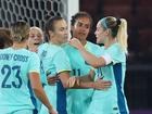 Caitlin Foord, Mary Fowler, and Ellie Carpenter celebrate a goal during the Matildas’ clash with Switzerland.