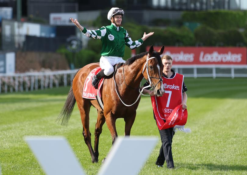 Via Sistina #7 ridden by James McDonald celebrates winning race nine the Cox Plate.