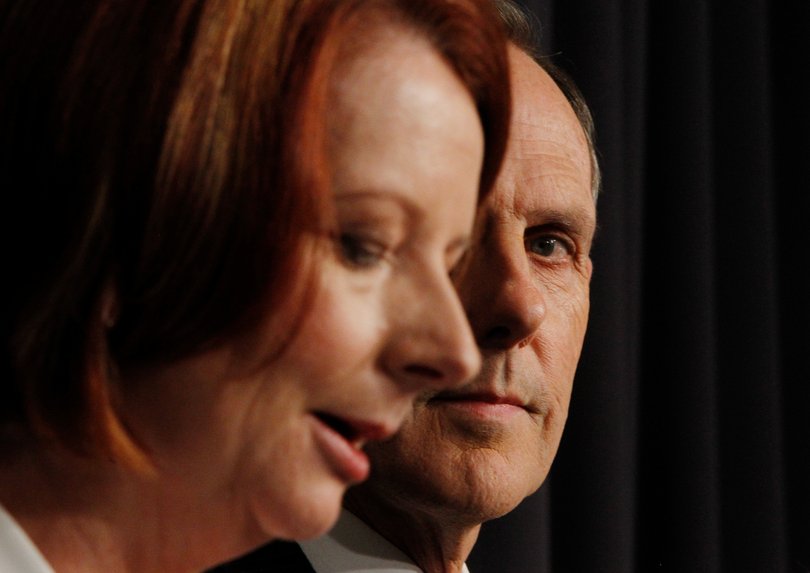 Prime Minister Julia Gillard and Greens Leader Senator Bob Brown held a joint press conference with Deputy PM Wayne Swan, Climate Change minister Greg Combet and Deputy Greens Leader Senator Christine Milne to announce a multi-party climate change committee at Parliament House Canberra on Monday 27 September 2010. Photo by Andrew Meares / Fairfax
WAN ONLINE OUT