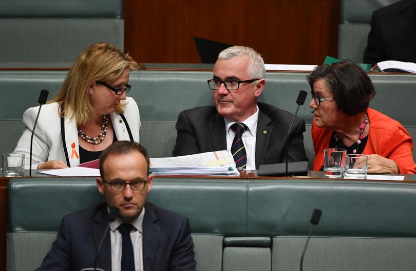 (L-R) Nick Xenophon Team Member for Mayo Rebekha Sharkie, Independent Member for Denison Andrew Wilkie and Independent Member for Indi Cathy McGowan during Question Time in the House of Representatives at Parliament House in Canberra, Tuesday, February 6, 2018. (AAP Image/Mick Tsikas) NO ARCHIVING