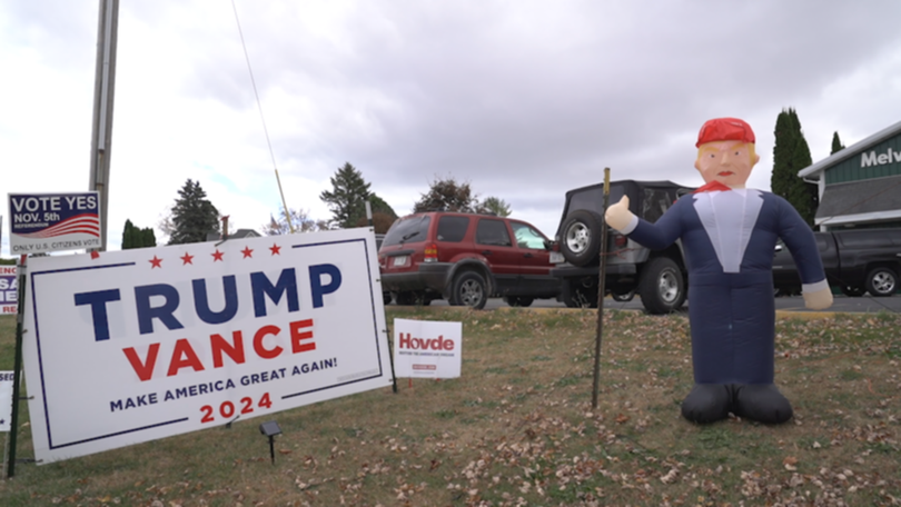 Radiator repairman Steve’s front lawn display betrays his political leanings.