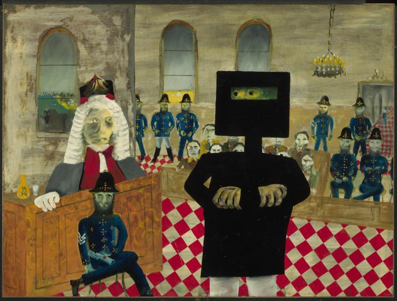 Sidney Nolan: The trial (1947) from the Ned Kelly series (1946-1947), enamel paint on composition board, 90.70 x 121.20cm, Gift of Sunday Reed 1977. Picture: National Gallery of Australia