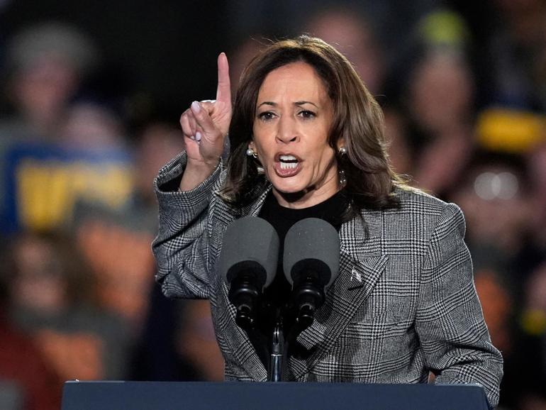 On a day when Trump’s campaign tried to distance itself from racist insults about Latinos, Harris sought to drive home ‘the two extremely different visions’ of America. 