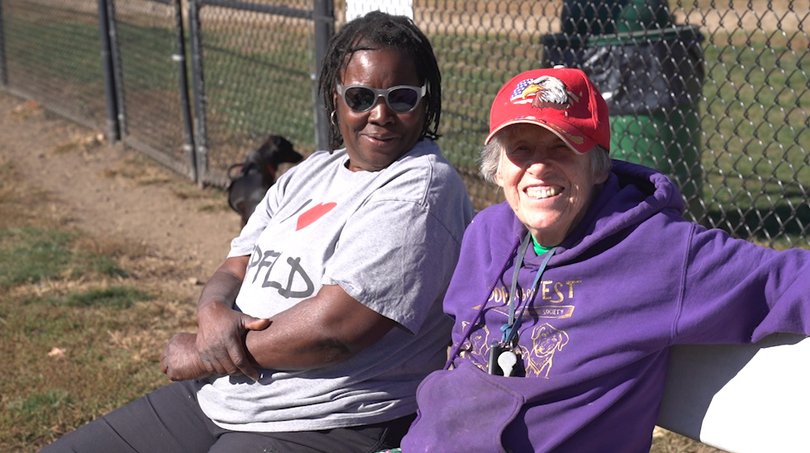 Proud Springfield dog-owner Sandy, left, with a pal at Central Bark.