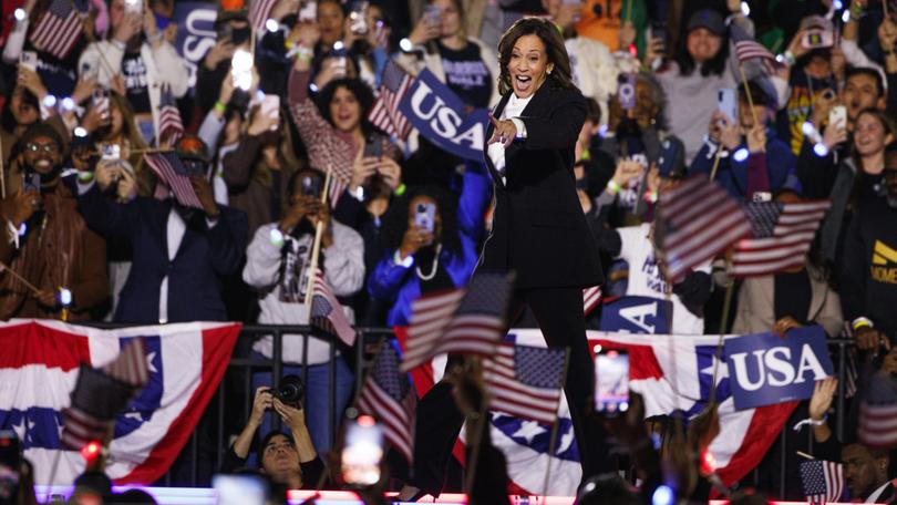 Vice President Kamala Harris takes the stage at a rally on the Ellipse in front of the White House in Washington, DC. 