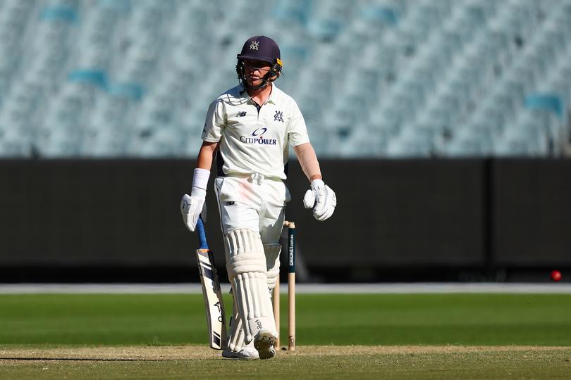 Marcus Harris of Victoria reacts to being dismissed during the Sheffield Shield match between Victoria and New South Wales at Melbourne Cricket Ground in Melbourne, Monday, October 21, 2024. (AAP Image/Morgan Hancock) NO ARCHIVING, EDITORIAL USE ONLY, IMAGES TO BE USED FOR NEWS REPORTING PURPOSES ONLY, NO COMMERCIAL USE WHATSOEVER, NO USE IN BOOKS WITHOUT PRIOR WRITTEN CONSENT FROM AAP