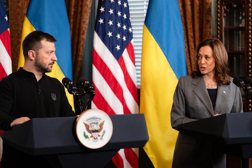 Vice President Kamala Harris speaks with President Volodymyr Zelenskyy of Ukraine before their meeting in the Vice President’s ceremonial office in the Eisenhower Executive Office Building in Washington, Sept. 26, 2024. 