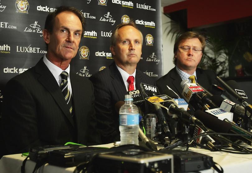 Terry Wallace (left), Richmond president Gary March (middle) and footy boss Craig Cameron (right) in 2009.