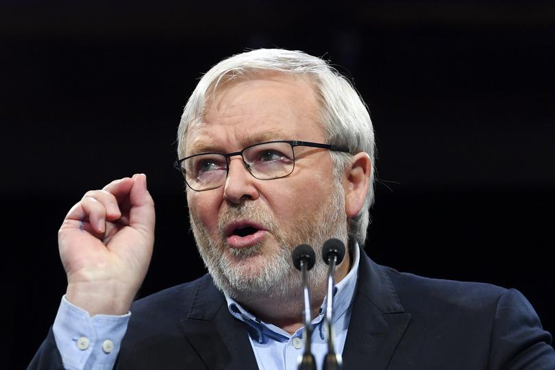 Former Australian Prime Minister Kevin Rudd speaks at a Labor Party Rally at The Rivershed on Day 35 of the 2022 federal election campaign in Brisbane, Sunday, May 15, 2022. (AAP Image/Lukas Coch) NO ARCHIVING