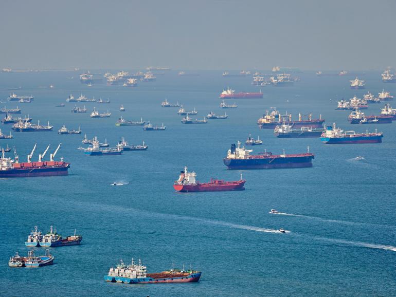 Cargo ships in the Singapore Strait waiting to dock..