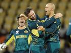 Ashton Agar celebrates with teammate Glenn Maxwell during the T20 World Cup.