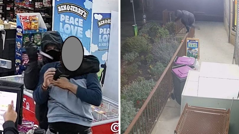 The thief put an arm around the victim and held a knife to his throat (left) before fleeing the store (right).