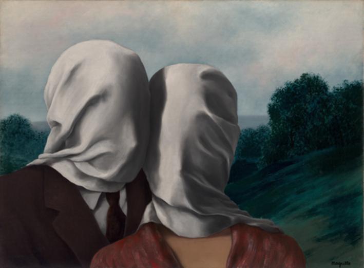 Ren Magritte The lovers (Les amants) 1928, oil on canvas, 54  73 cm, National Gallery of Australia, Canberra, purchased 1990, 90.1583  Copyright Agency, Sydney 2024  ***These images may only be used in conjunction with editorial coverage of the Magritte exhibition, 26 October 2024  9 February 2025, at the Art Gallery of New South Wales, and strictly in accordance with the terms of access to these images  see artgallery.nsw.gov.au/info/access-to-agnsw-media-room-tcs . Without limiting those terms, these images must not be cropped or overwritten; prior approval in writing is required for use as a cover; caption details must accompany reproductions of the images; and archiving is not permitted. ***   Media contact: media@ag.nsw.gov.au