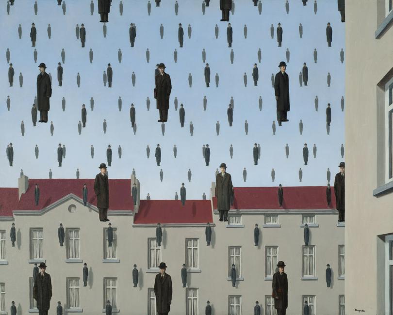 Ren Magritte Golconda (Golconde) 1953, oil on canvas, 80 x 100.3 cm, The Menil Collection, Houston, V 414  Copyright Agency, Sydney 2024, photo: Paul Hester  ***This image may only be used in conjunction with editorial coverage of the Magritte exhibition on display 26 October 2024  9 February 2025, at the Art Gallery of New South Wales and strictly in accordance with the terms of access to these images  see artgallery.nsw.gov.au/info/access-to-agnsw-media-room-tcs. Without limiting those terms, these images must not be cropped or overwritten; prior approval in writing is required for use as a cover; caption details must accompany reproductions of the images; and archiving is not permitted.***  Media contact: media@ag.nsw.gov.au