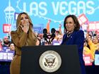 US singer Jennifer Lopez (L) greets US Vice President and Democratic presidential candidate Kamala Harris during a campaign rally in Las Vegas.