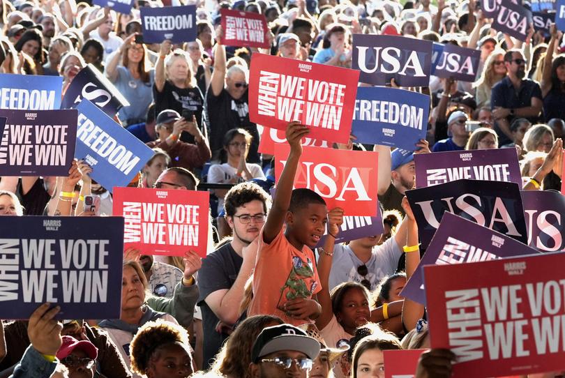 Supporters listen as Democratic presidential nominee Vice President Kamala Harris speaks during a campaign rally, Saturday, Nov. 2, 2024, at the PNC Music Pavilion in Charlotte, N.C. (AP Photo/Jacquelyn Martin)