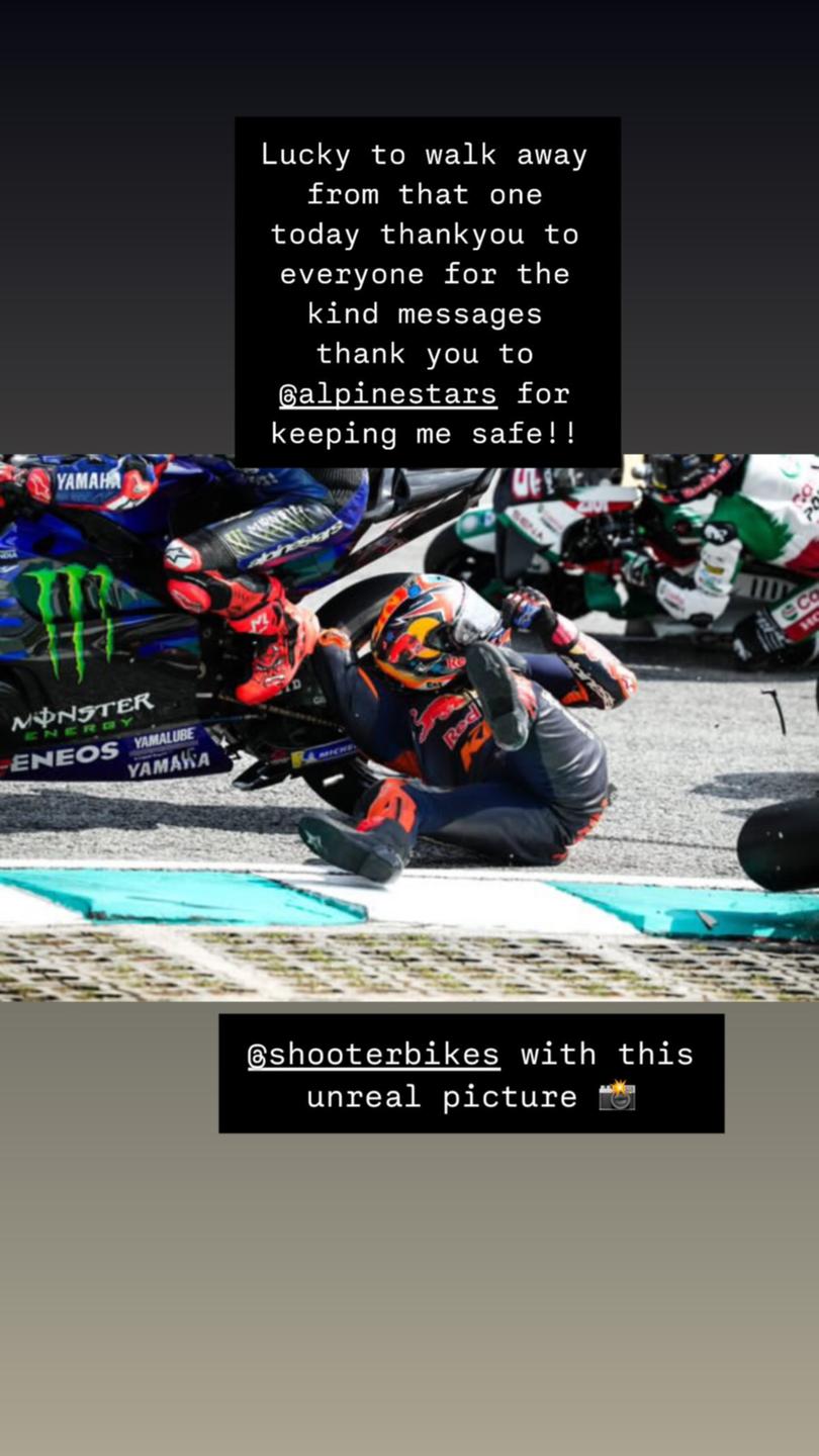 Aussie MotoGP star Jack Miller shared an update to his stories after a terrifying crash in Malaysia.