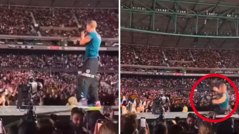 Chris Martin was talking to fans when he took the unexpected tumble. 