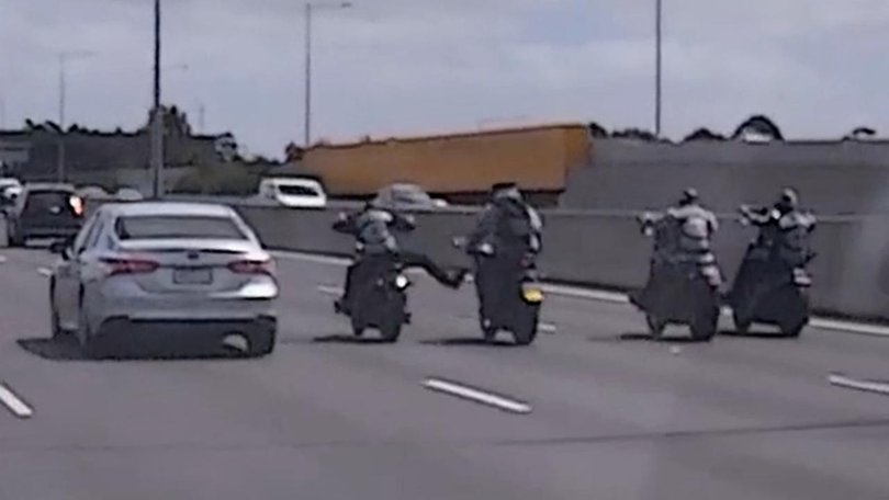 A L-plate motorcycle rider has been attacked by bikies while travelling down a busy freeway. (Supplied by Victoria Police/AAP PHOTOS)