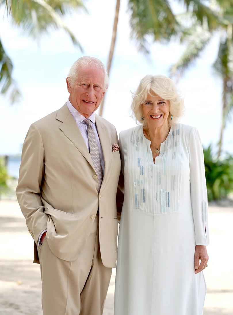 APIA, SAMOA - OCTOBER 25: (EDITORIAL USE ONLY. THE IMAGE SHALL NOT BE USED AFTER 0001hrs, SATURDAY 9th NOVEMBER. After that date, no further licensing can be made, please remove from your systems and contact Getty Images for any usage) In this image released on October 26, 2024, King Charles III and Queen Camilla smile during a visit to a beach on October 25, 2024 in Apia, Samoa. The King's visit to Australia is his first as monarch, and the Commonwealth Heads of Government Meeting (CHOGM) in Samoa will be his first as head of the Commonwealth. (Photo by Chris Jackson/Getty Images)