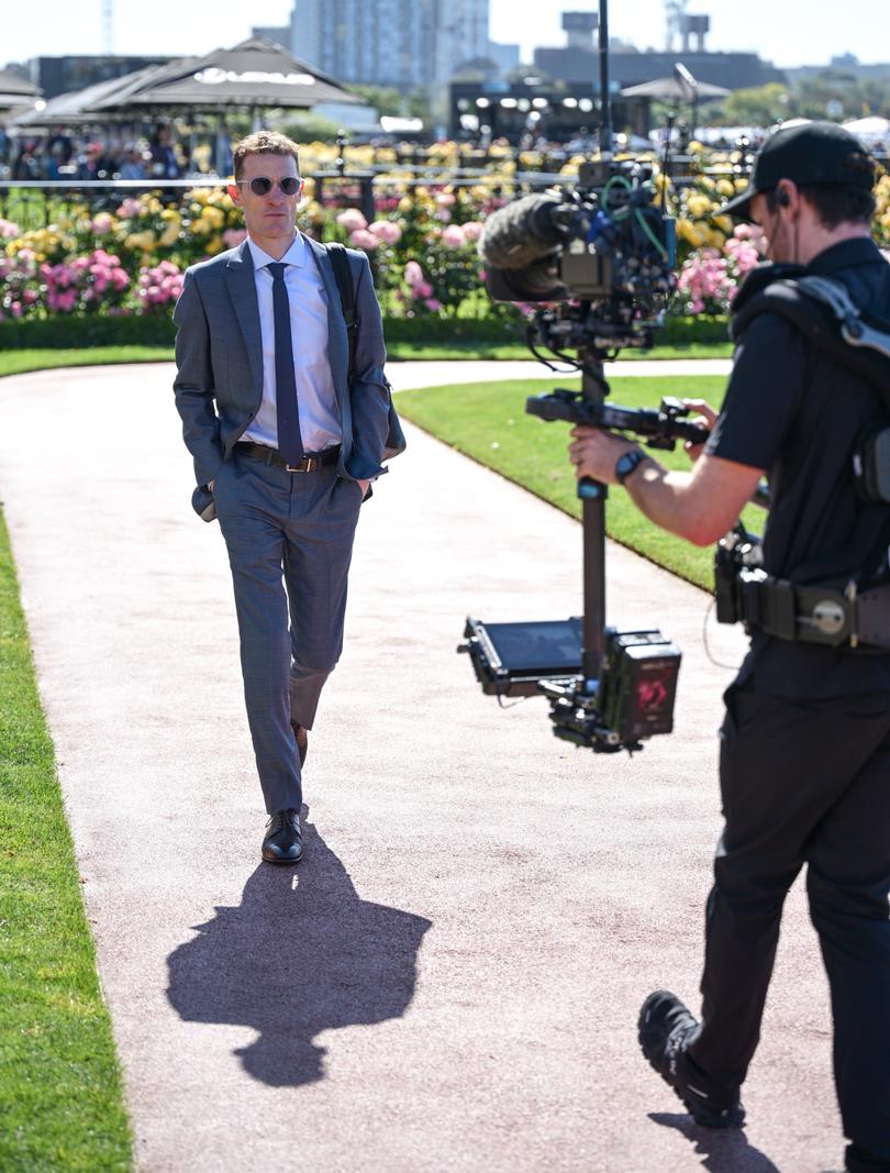 Mark Zahra arrives during Melbourne Cup Day at Flemington Racecourse.