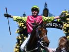 Jockey Robbie Dolan celebrates after riding Knights Choice to victory in the the 2024 Melbourne Cup.