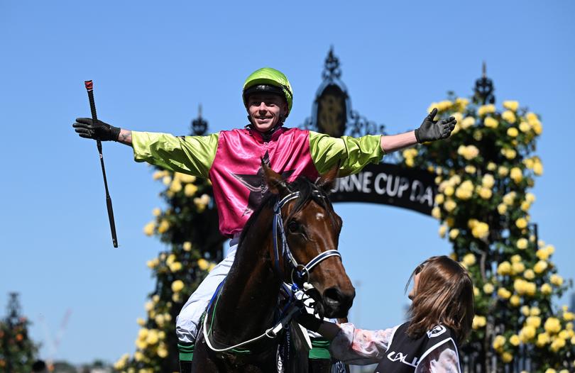 Jockey Robbie Dolan celebrates after riding Knights Choice to victory in the the 2024 Melbourne Cup.