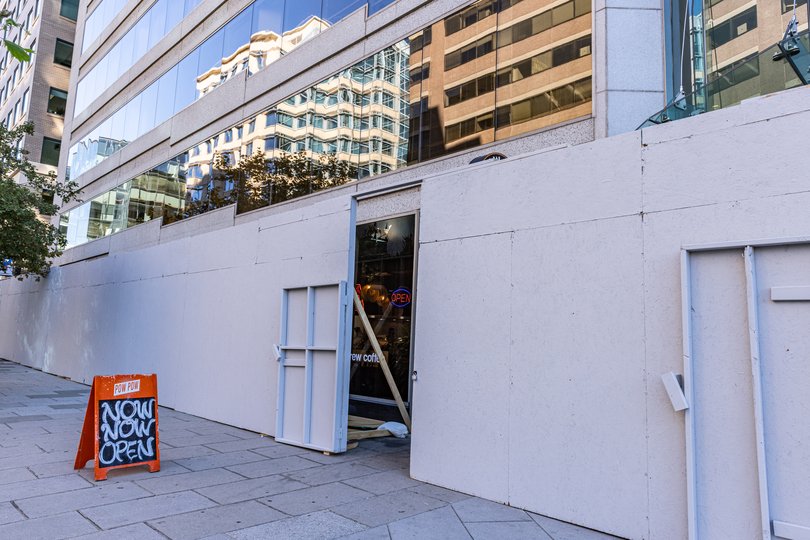 The restaurant Pow Pow on I Street, a few blocks away from the White House, is boarded up ahead of Tuesday. 