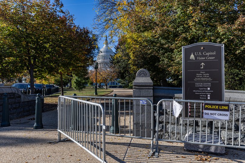 Temporary bike-rack barriers are installed at the Capitol as part of enhanced security measures.