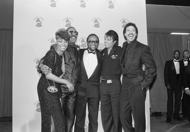 Dionne Warwick, Stevie Wonder, Quincy Jones, Michael Jackson, and Lionel Richie after We Are The World won four Grammy Awards.