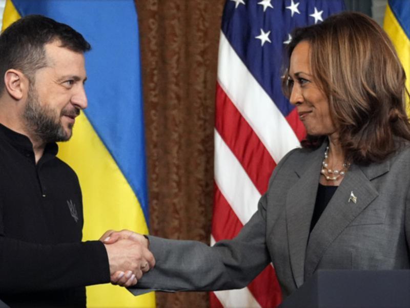 Kamala Harris and Ukraine's President Volodymyr Zelenskiy,