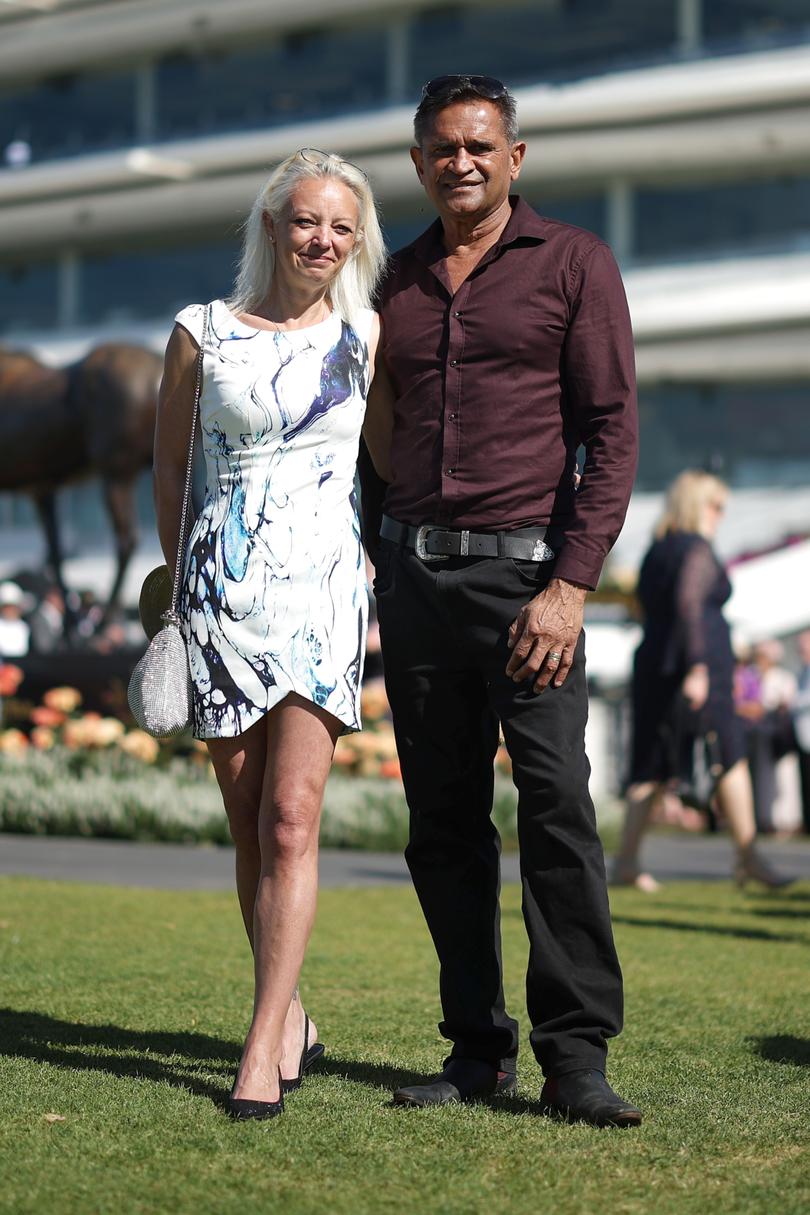 MELBOURNE, AUSTRALIA - NOVEMBER 05: Nicky Winmar and Bernie Reddington poses for a photograph during Melbourne Cup Day at Flemington Racecourse on November 05, 2024 in Melbourne, Australia. (Photo by Daniel Pockett/Getty Images)