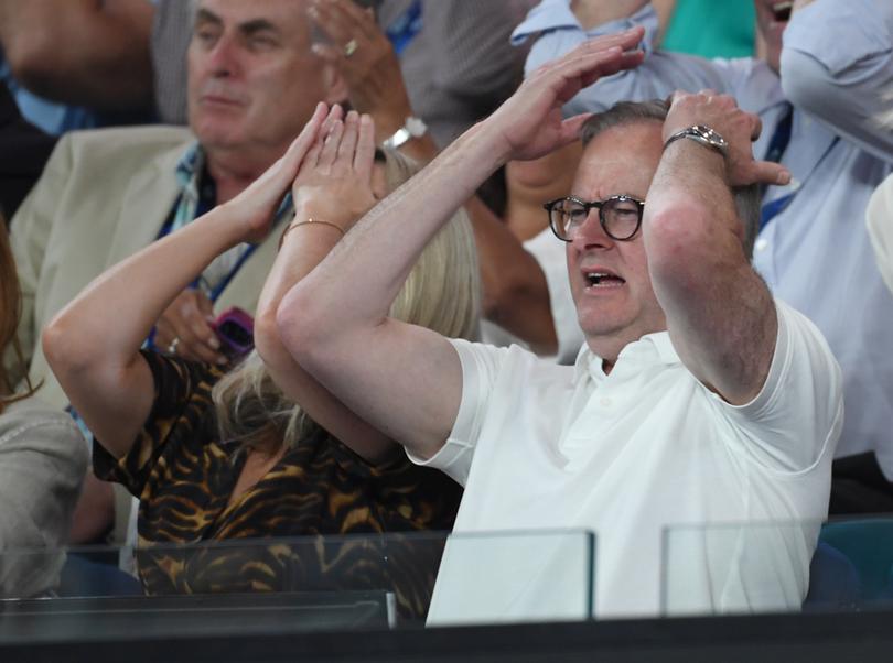 MELBOURNE, AUSTRALIA - JANUARY 28: Australian Prime Minister, Anthony Albanese reacts during the Men's Singles Final match between Jannik Sinner of Italy and Daniil Medvedev during the 2024 Australian Open at Melbourne Park on January 28, 2024 in Melbourne, Australia. (Photo by James D. Morgan/Getty Images)