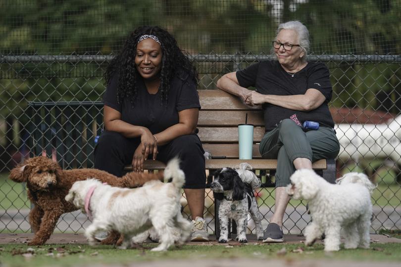 Yashica Robinson watches her dog Bella play at a dog park in Johns Creek, Georgia. 